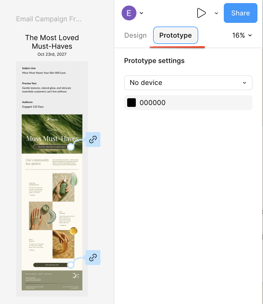 Figma right sidebar with the Prototype tab selected, showing prototype settings for the email design