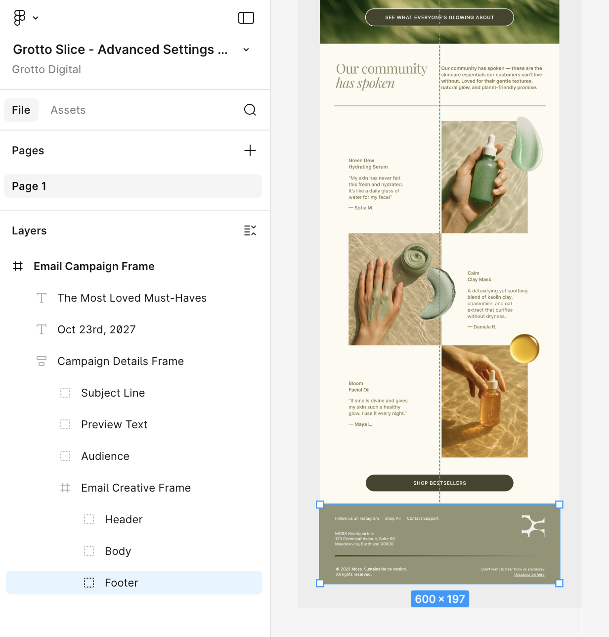 Figma layers panel showing the Email Creative Frame with Header, Body, and Footer layers, with the Footer layer highlighted at the bottom of the email design