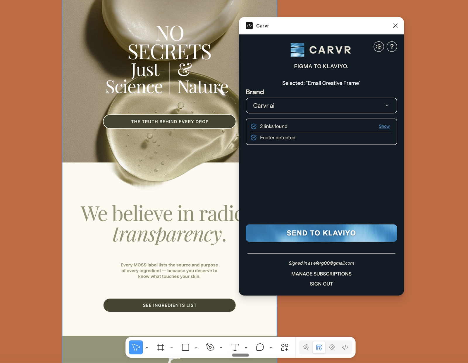 The Carvr plugin open next to an email design in Figma